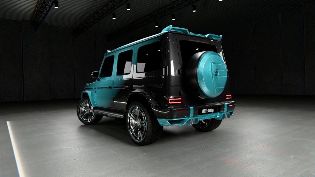 larte design mercedes amg g63 black teal winner carbon fibre package rear view