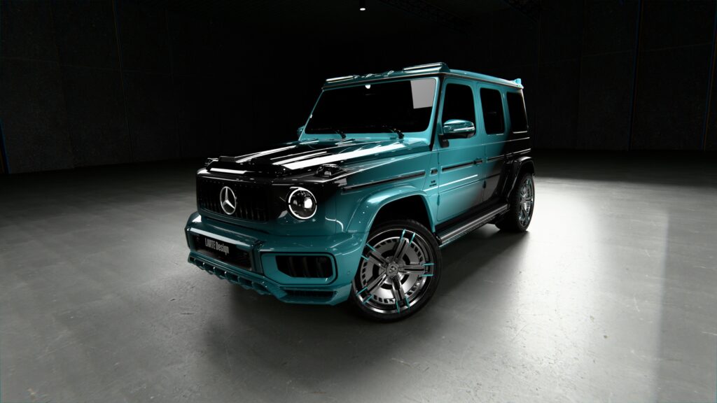 larte design mercedes amg g63 black teal winner carbon fibre package front three quarter view