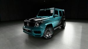 larte design mercedes amg g63 black teal winner carbon fibre package front three quarter view